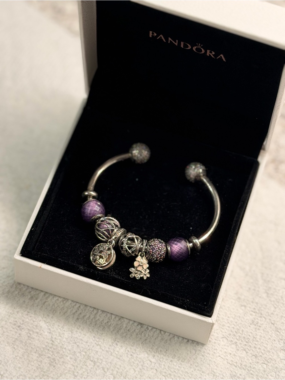 Pandora Silver Bracelet with Purple Beads and Charm Dangles
